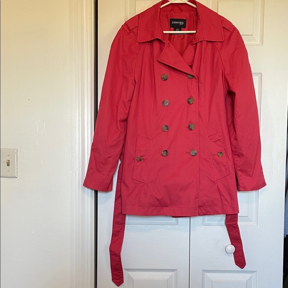 Women’s L St. John’s Bay coral belted car length coat double breasted buttons - Picture 5 of 11